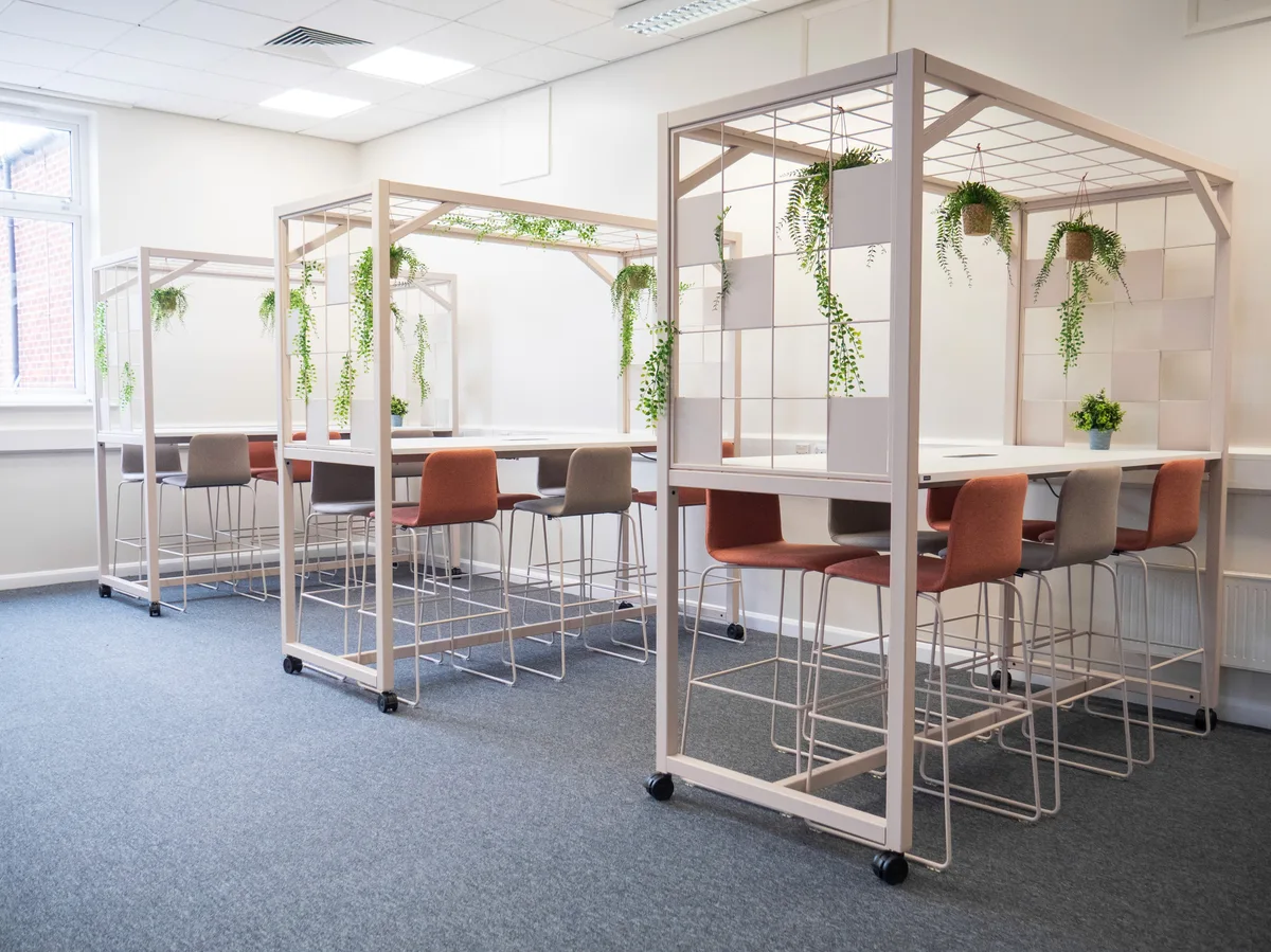Biophilic workspace pods with hanging plants at Werk Solutions showroom